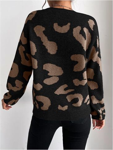 WDIRARA Women's Leopard Sweater Crew Neck Long Sleeve Vintage Knit Pullover Tops in Saudi Arabia