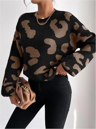 WDIRARA Women's Leopard Sweater Crew Neck Long Sleeve Vintage Knit Pullover Tops in Saudi Arabia