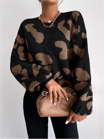 WDIRARA Women's Leopard Sweater Crew Neck Long Sleeve Vintage Knit Pullover Tops in Saudi Arabia