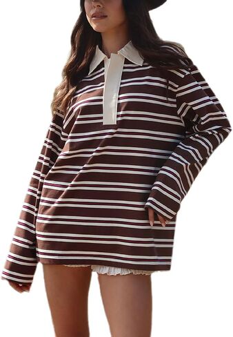 Women Striped Oversized Sweatshirt Color Block Rugby Polo Sweatshirts Vintage Long Sleeve Fall Pullover Tops in Saudi Arabia