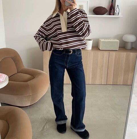 Women Striped Oversized Sweatshirt Color Block Rugby Polo Sweatshirts Vintage Long Sleeve Fall Pullover Tops in Saudi Arabia