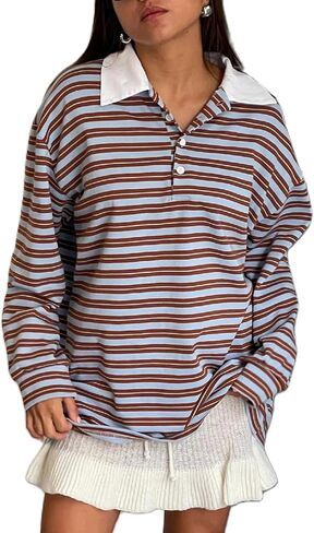 Women Striped Oversized Sweatshirt Color Block Rugby Polo Sweatshirts Vintage Long Sleeve Fall Pullover Tops in Saudi Arabia
