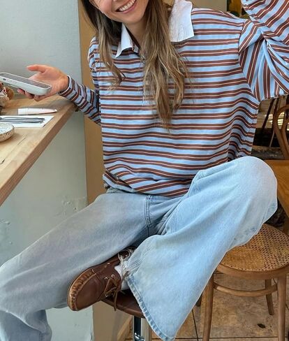 Women Striped Oversized Sweatshirt Color Block Rugby Polo Sweatshirts Vintage Long Sleeve Fall Pullover Tops in Saudi Arabia