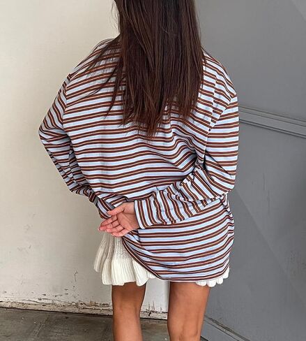 Women Striped Oversized Sweatshirt Color Block Rugby Polo Sweatshirts Vintage Long Sleeve Fall Pullover Tops in Saudi Arabia