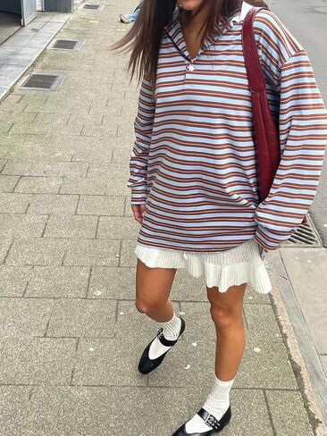 Women Striped Oversized Sweatshirt Color Block Rugby Polo Sweatshirts Vintage Long Sleeve Fall Pullover Tops in Saudi Arabia