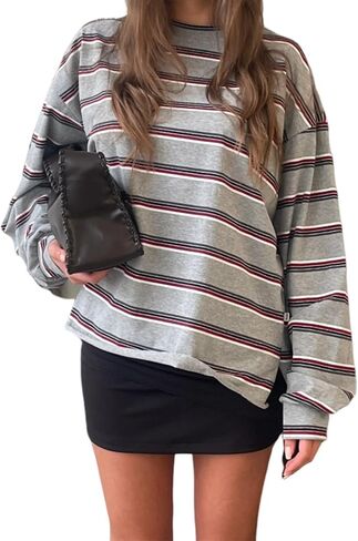 Women Striped Oversized Sweatshirt Color Block Rugby Polo Sweatshirts Vintage Long Sleeve Fall Pullover Tops in Saudi Arabia