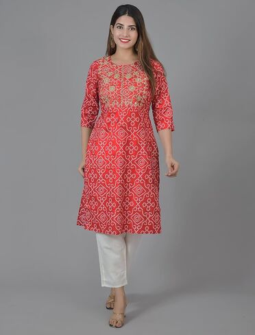 Vrnda Women's Cotton Indian Bandhej Print Straight Kurta Set Yoke Embroidery Kurti With Pant and Dupatta Set Dress in Saudi Arabia