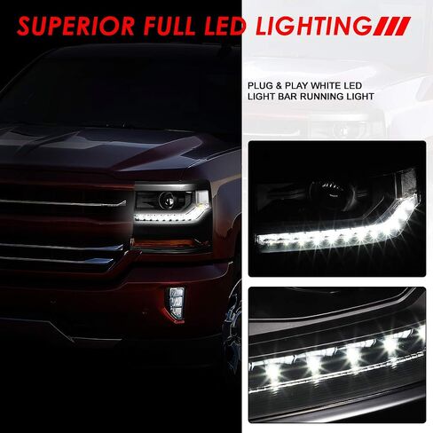 مجموعة المصابيح الأمامية LED DRL من Auto Dynasty متوافقة مع 2016-2019 Chevy Silverado 1500، زوج من المصابيح الأمامية HID البديلة مع شريط ضوء تشغيل LED، شعاع منخفض لجهاز العرض، زاوية شفافة من الكروم in Saudi Arabia