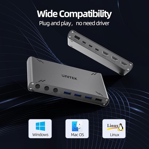 Unitek USB 3.0 HDMI KVM Switch 1 Monitor 2 Computers 4K@60Hz KVM Switches 4 USB Ports for 2 Computers Sharing Monitor Keyboard Mouse Hard Drives EDID Adaptive 2 USB Cable DC5V Adapter and Controller in Kuwait