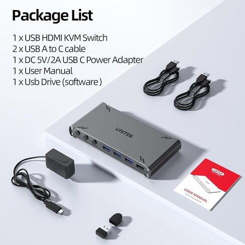 Unitek USB 3.0 HDMI KVM Switch 1 Monitor 2 Computers 4K@60Hz KVM Switches 4 USB Ports for 2 Computers Sharing Monitor Keyboard Mouse Hard Drives EDID Adaptive 2 USB Cable DC5V Adapter and Controller in Kuwait