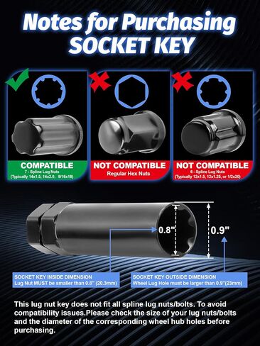 7 Point Spline Lug Nuts Tuner Socket Key Tool 2pcs Compatible with 13/16inch(21mm) and 7/8inch(22mm) Hex Socket Wrench，7 Spline Socket Key Black for 14x1.5, 14x2.0, 9/16inch Lug Nut in Saudi Arabia