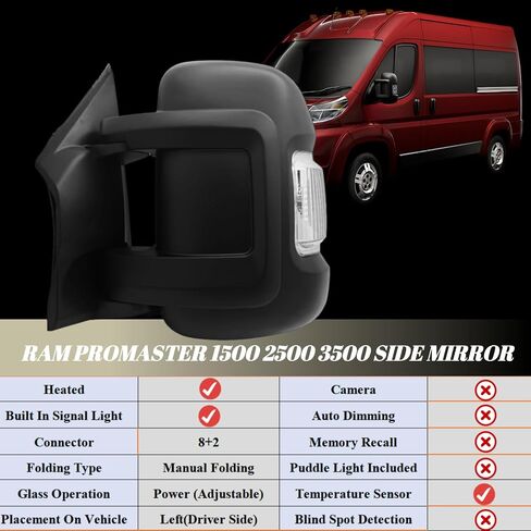 Driver Side Mirror Compatible with 2014-2024 Ram Promaster 1500 2500 3500 (Long Arm) With Heated Power Glass Turn Signals Light Temperature Sensor Manual Folding 8+2 Pins Textured Black in Saudi Arabia