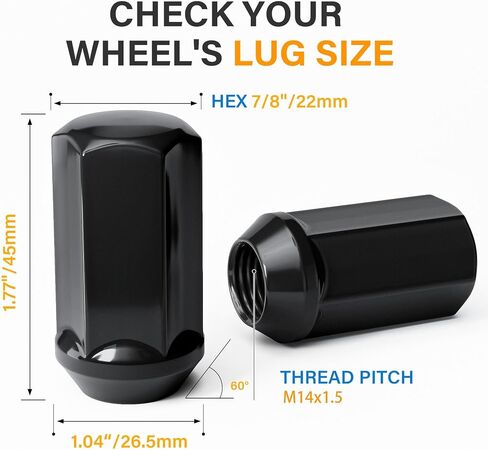 24pcs 14x1.5 Lug Nuts 1.77" (45mm) Height 7/8" Hex(22mm), M14-1.5 One-Piece Design Factory Black Wheel Lug Nuts Compatible with Chevy & Tahoe GMC Sierra 1500 Buick Dodge Cadillac, Black in Saudi Arabia