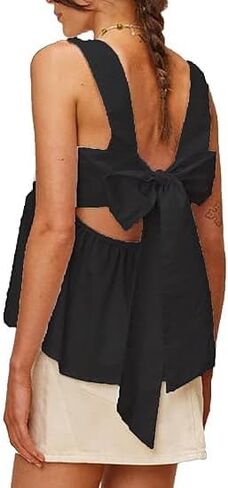 Women Gingham Babydoll Tank Top Cute Sleeveless Backless Wide Straps Peplum Shirt Y2K Square Neck Bowtie Cami Top in Saudi Arabia