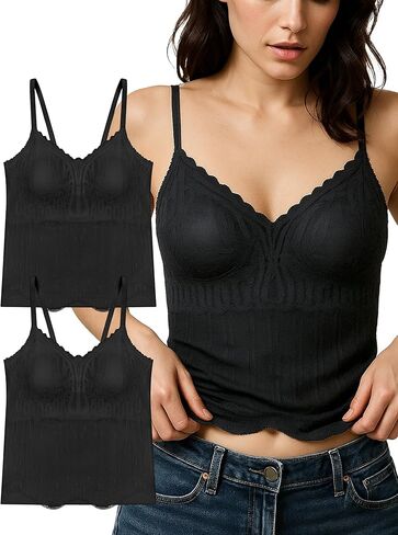 Livona Women's Lace Cami Top - Adjustable Spaghetti Straps Wireless Comfort Padded Tank for Sleep Lounge in Kuwait