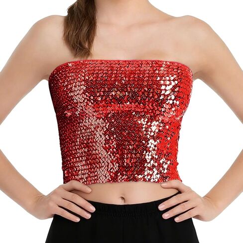 Womens Sparkly Sequin Mermaid Crop Tops, Strapless Metallic Tube Tops for Party Clubwear in Saudi Arabia