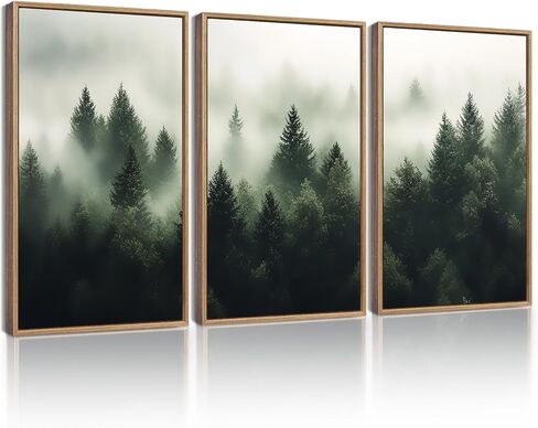 KUVIOKE Fog Pine Tree Framed Wall Art Nature Nordic Green Forests Artwork Morden Painting Home Decor 11x14in (Natural Framed) in Saudi Arabia