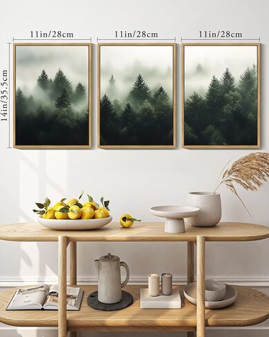 KUVIOKE Fog Pine Tree Framed Wall Art Nature Nordic Green Forests Artwork Morden Painting Home Decor 11x14in (Natural Framed) in Saudi Arabia