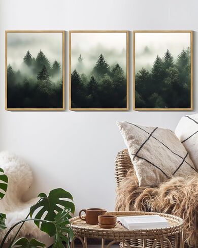 KUVIOKE Fog Pine Tree Framed Wall Art Nature Nordic Green Forests Artwork Morden Painting Home Decor 11x14in (Natural Framed) in Saudi Arabia