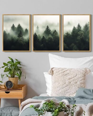 KUVIOKE Fog Pine Tree Framed Wall Art Nature Nordic Green Forests Artwork Morden Painting Home Decor 11x14in (Natural Framed) in Saudi Arabia