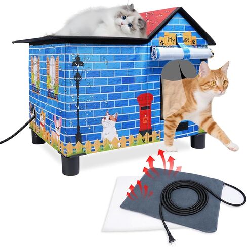 Outdoor Heated Cat House for Winter, Elevated Weatherproof Cat House for Outdoor with Pet Heating Pad, Large Warm Feral Cat Home for Multiple Cats, 19.5 X 13.5 X 18 Inches in Saudi Arabia