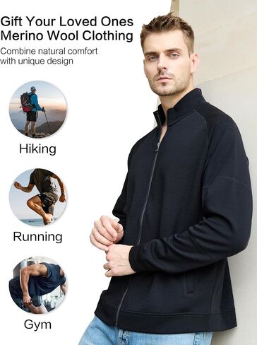 Full Zip Men’s Merino Wool Jackets & Coats for Running Track, Warm Jackets for Men, Mens Zip Up Sweatshirt No Hood in Kuwait