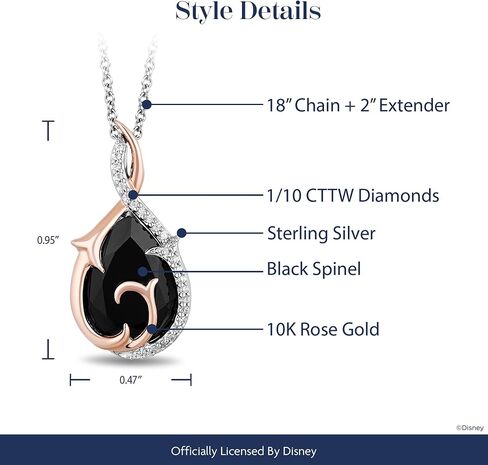 Jewelili Enchanted Disney Fine Jewelry Maleficent Drop Pendant Necklace for Women | 10K Rose Gold | Black Spinel & 1/10 CTTW Treated Black Round Diamonds | Cable Chain | Gifts for Her in Saudi Arabia