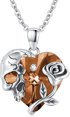 Skull Necklace Sterling Silver Gothic Heart Pendant Rose Birthstone Necklace Halloween Skull Jewelry Gift for Women Men in Kuwait