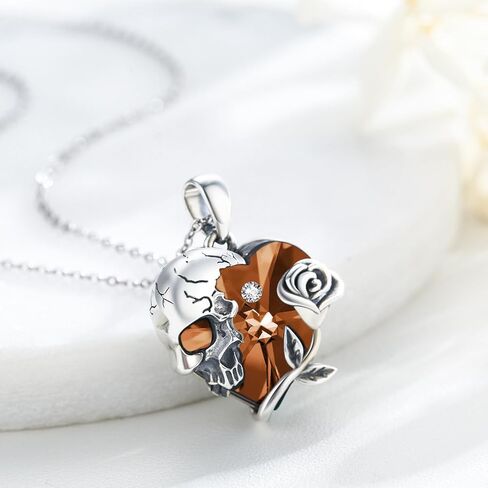 Skull Necklace Sterling Silver Gothic Heart Pendant Rose Birthstone Necklace Halloween Skull Jewelry Gift for Women Men in Kuwait
