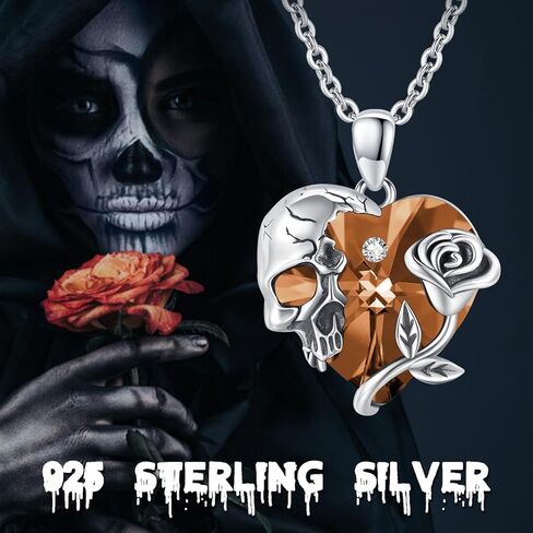 Skull Necklace Sterling Silver Gothic Heart Pendant Rose Birthstone Necklace Halloween Skull Jewelry Gift for Women Men in Kuwait