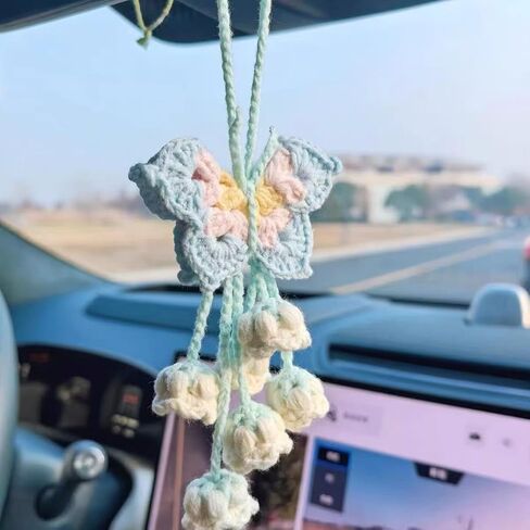 Hand-Knitted Crochet Lily of The Valley Car Mirror Hanging Decor - Adjustable Safe Ornament, Keychain for Car/Home, Unique Handmade Present for Mom (Blue) in Kuwait
