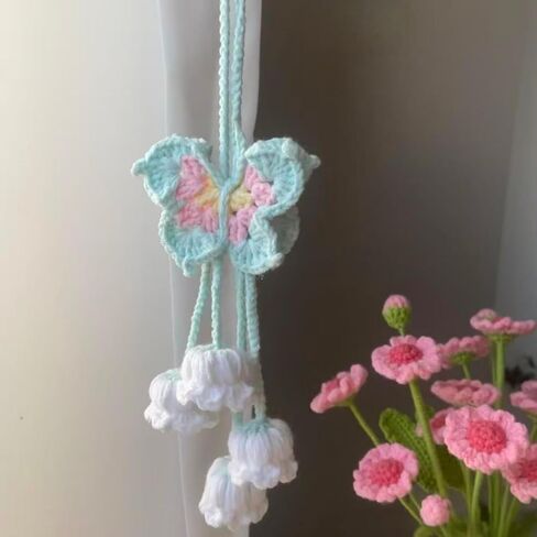 Hand-Knitted Crochet Lily of The Valley Car Mirror Hanging Decor - Adjustable Safe Ornament, Keychain for Car/Home, Unique Handmade Present for Mom (Blue) in Kuwait