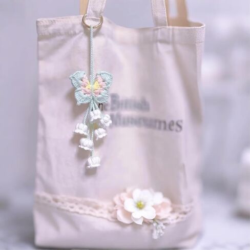 Hand-Knitted Crochet Lily of The Valley Car Mirror Hanging Decor - Adjustable Safe Ornament, Keychain for Car/Home, Unique Handmade Present for Mom (Blue) in Kuwait