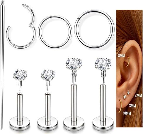 Incaton 18G Hypoallergenic Flat Back Stud Earrings, 316L Surgical Steel Internal Thread CZ Stud for Helix Tragus Cartilage Conch Nose Lip Hoops Labret Rings Piercing Jewelry For Women in Kuwait