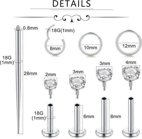Incaton 18G Hypoallergenic Flat Back Stud Earrings, 316L Surgical Steel Internal Thread CZ Stud for Helix Tragus Cartilage Conch Nose Lip Hoops Labret Rings Piercing Jewelry For Women in Kuwait