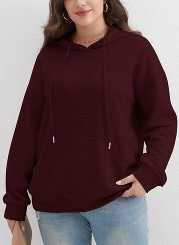 Womens Plus Size Fashion 2025 Fall Hoodies Sweatshirts Drawstring Long Sleeve Waffle Knit Pullover Sweatshirt in Saudi Arabia