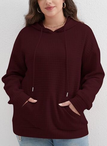 Womens Plus Size Fashion 2025 Fall Hoodies Sweatshirts Drawstring Long Sleeve Waffle Knit Pullover Sweatshirt in Saudi Arabia