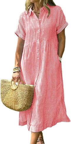 chouyatou Women's Summer Striped Midi Long Shirt Dress Casual Loose Short Sleeve Button Down Dress in Saudi Arabia