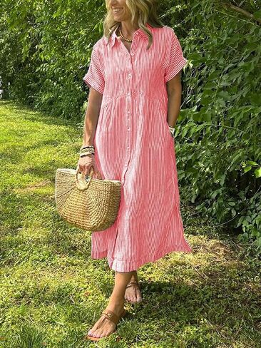 chouyatou Women's Summer Striped Midi Long Shirt Dress Casual Loose Short Sleeve Button Down Dress in Saudi Arabia