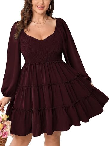 Women's Plus Size Dress Long Sleeve Sweetheart Neckline Smocked Ruffle A Line Tiered Babydoll Mini Short Dresses in Kuwait