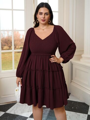 Women's Plus Size Dress Long Sleeve Sweetheart Neckline Smocked Ruffle A Line Tiered Babydoll Mini Short Dresses in Kuwait