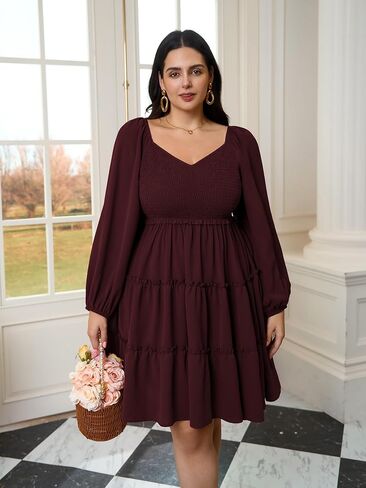 Women's Plus Size Dress Long Sleeve Sweetheart Neckline Smocked Ruffle A Line Tiered Babydoll Mini Short Dresses in Kuwait