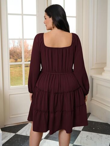 Women's Plus Size Dress Long Sleeve Sweetheart Neckline Smocked Ruffle A Line Tiered Babydoll Mini Short Dresses in Kuwait