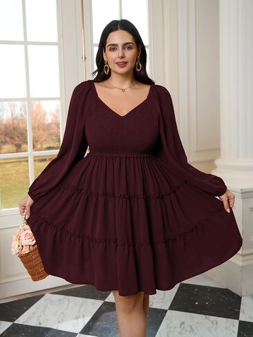 Women's Plus Size Dress Long Sleeve Sweetheart Neckline Smocked Ruffle A Line Tiered Babydoll Mini Short Dresses in Kuwait