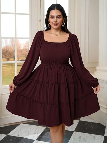 Women's Plus Size Dress Long Sleeve Sweetheart Neckline Smocked Ruffle A Line Tiered Babydoll Mini Short Dresses in Kuwait