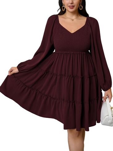 Women's Plus Size Dress Long Sleeve Sweetheart Neckline Smocked Ruffle A Line Tiered Babydoll Mini Short Dresses in Kuwait
