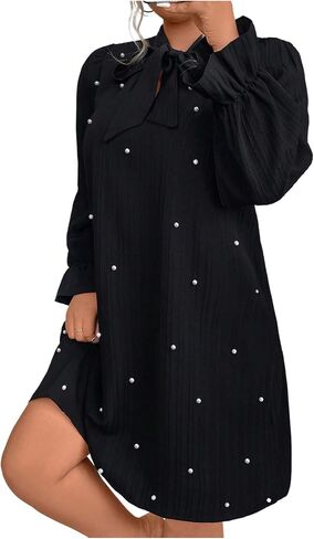 WDIRARA Women's Plus Size Pearl Beaded Tie Neck Long Sleeve Casual Work Short Dress in Saudi Arabia