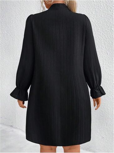 WDIRARA Women's Plus Size Pearl Beaded Tie Neck Long Sleeve Casual Work Short Dress in Saudi Arabia
