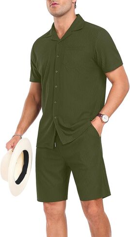 PrinStory Mens Short Sleeve Outfits 2 Piece Summer Beach Button Down Shirts and Shorts Set Tracksuit with Pockets in Saudi Arabia