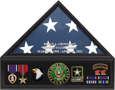Personalized Military Shadow Box Display Case for Funeral Burial Flag, American Veterans Fits Folded 5x9.5’ Flag, Glass and New Zealand Pine Frame. (Walnut, Large) in Saudi Arabia